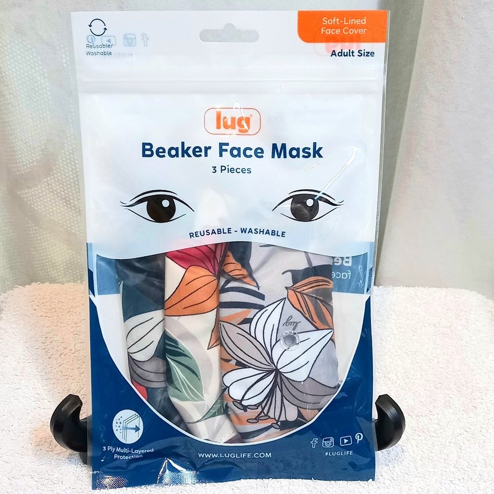 LUG Beaker Face Mask 3pk Soft-Lined Face Cover - Adult Size - Lily - NEW